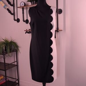 Edgy Glamour Scalloped Colorblock Sheath in Black/White. Perfect for Office